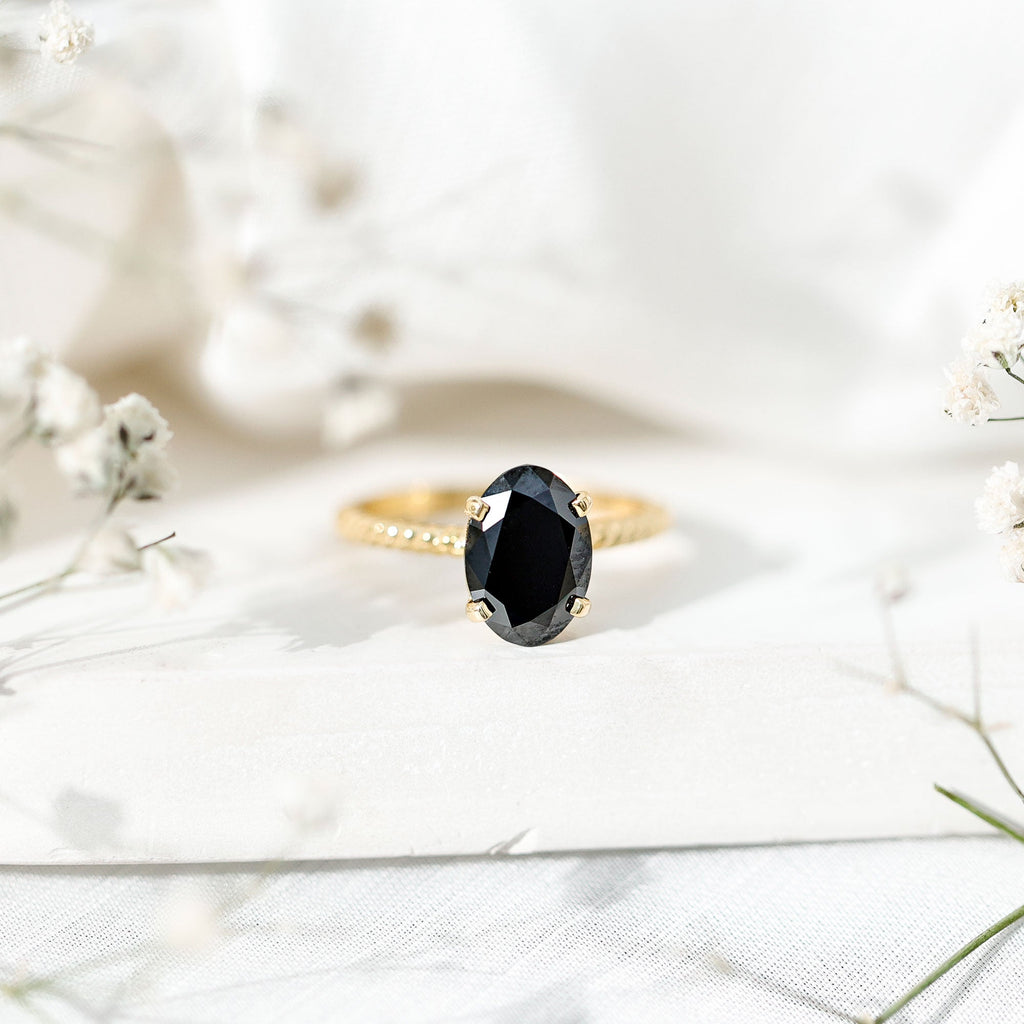 4.2 Carat Oval Lab Grown Black Diamond Solitaire Engagement Ring with Surprise White Diamond