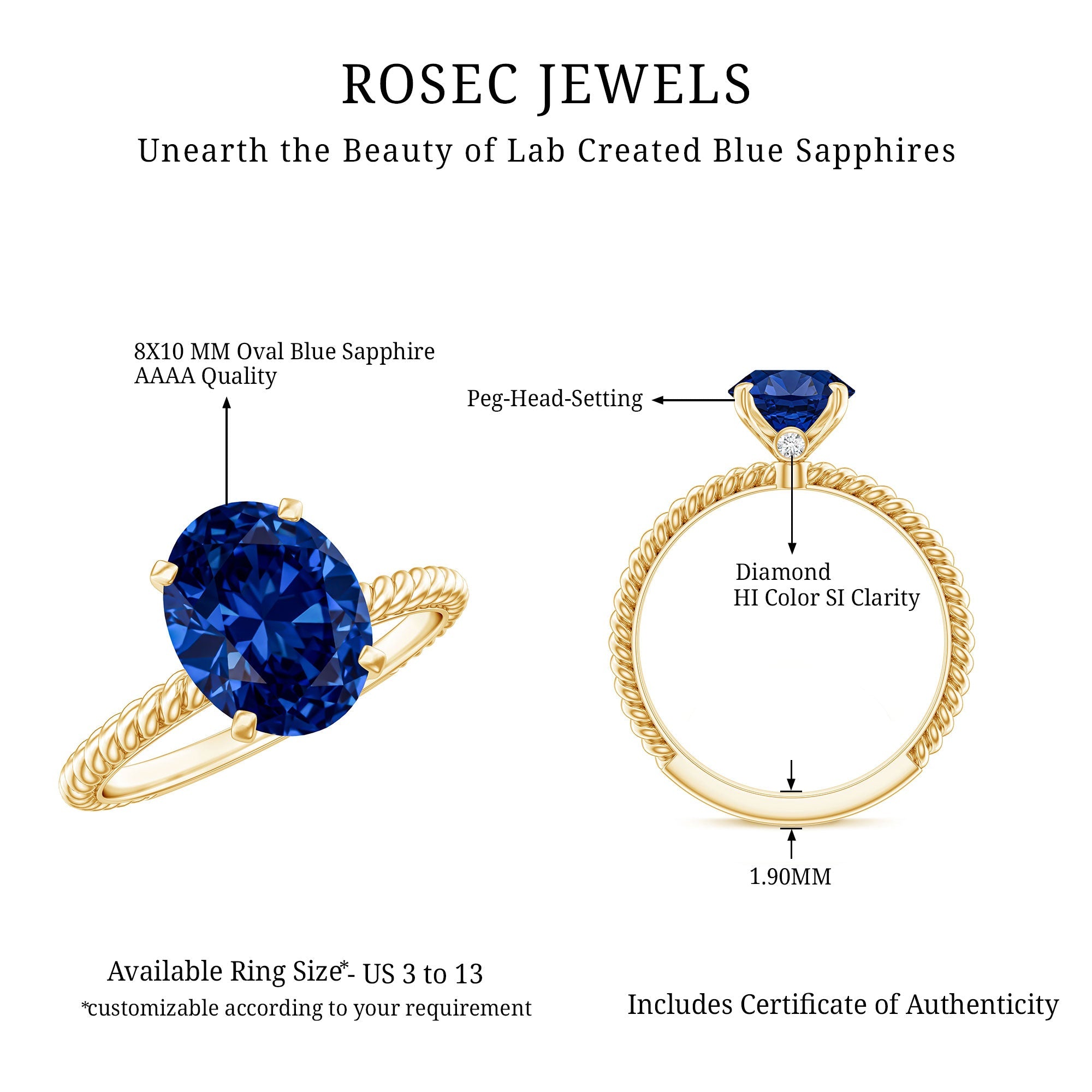 Certified 4 Carat Lab Grown Blue Sapphire Engagement Ring with Surprise Diamond