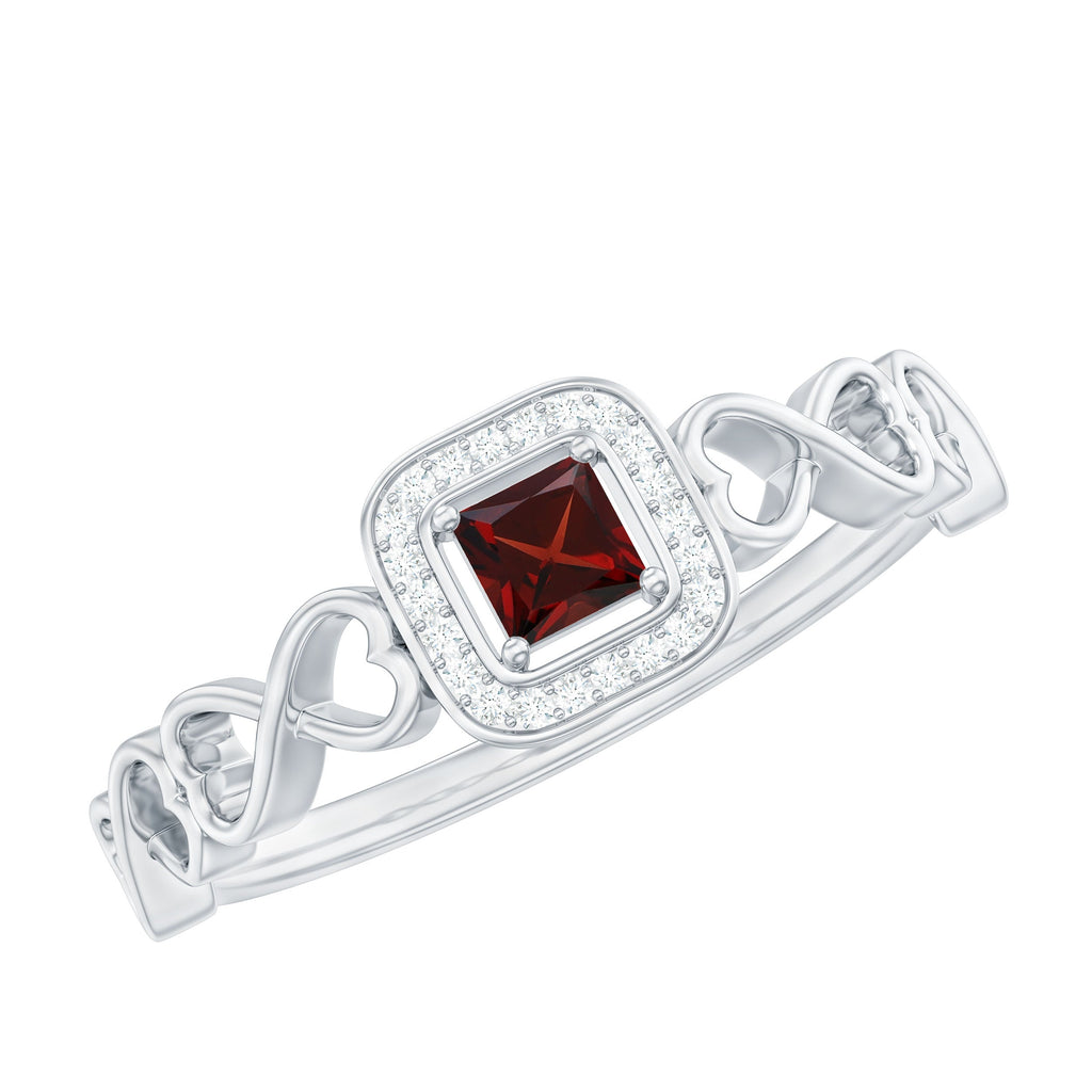 Real Princess Cut Garnet Diamond Engagement Ring with Infinity Heart Shank