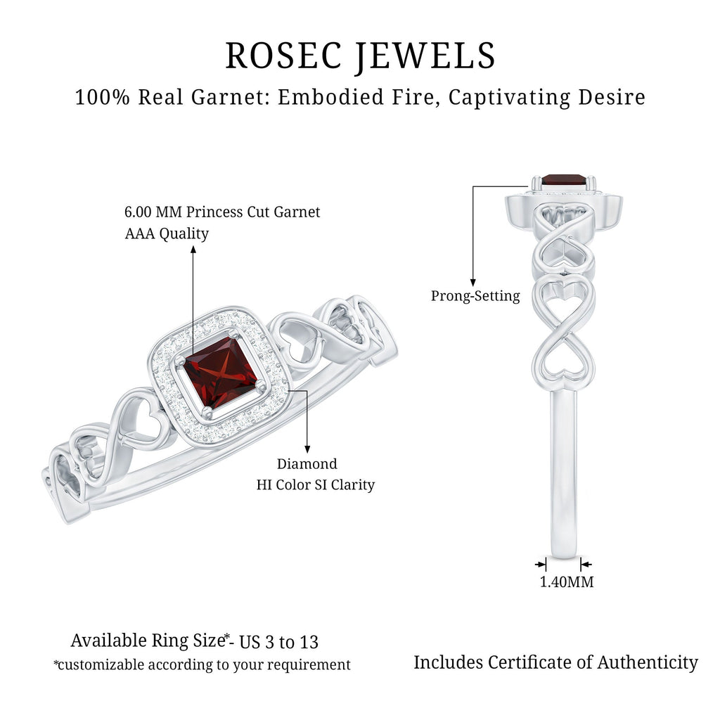 Real Princess Cut Garnet Diamond Engagement Ring with Infinity Heart Shank