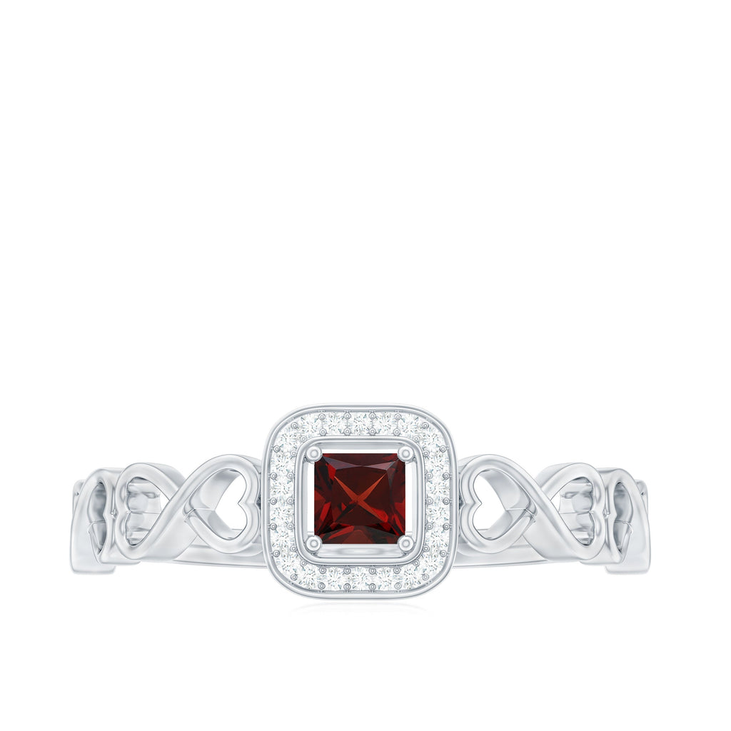 Real Princess Cut Garnet Diamond Engagement Ring with Infinity Heart Shank