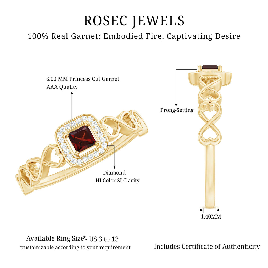 Real Princess Cut Garnet Diamond Engagement Ring with Infinity Heart Shank