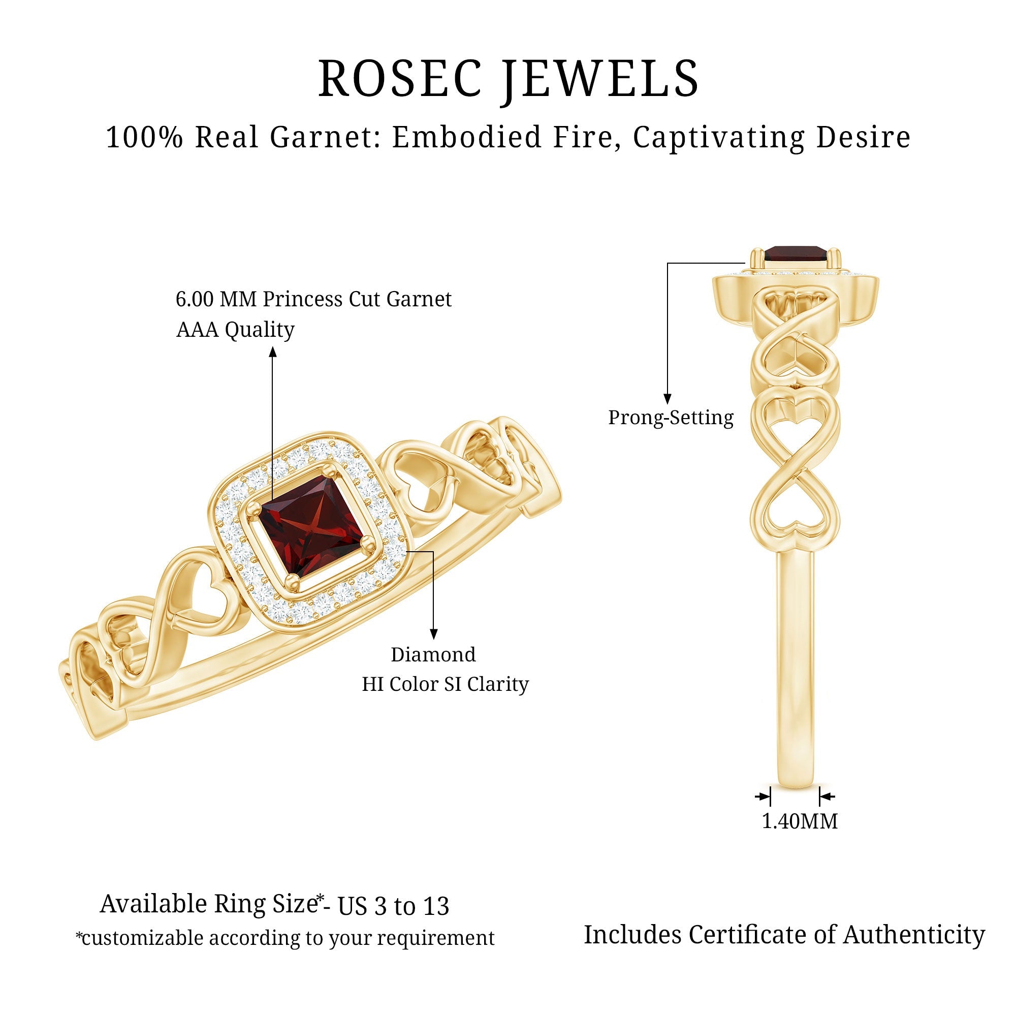 Real Princess Cut Garnet Diamond Engagement Ring with Infinity Heart Shank