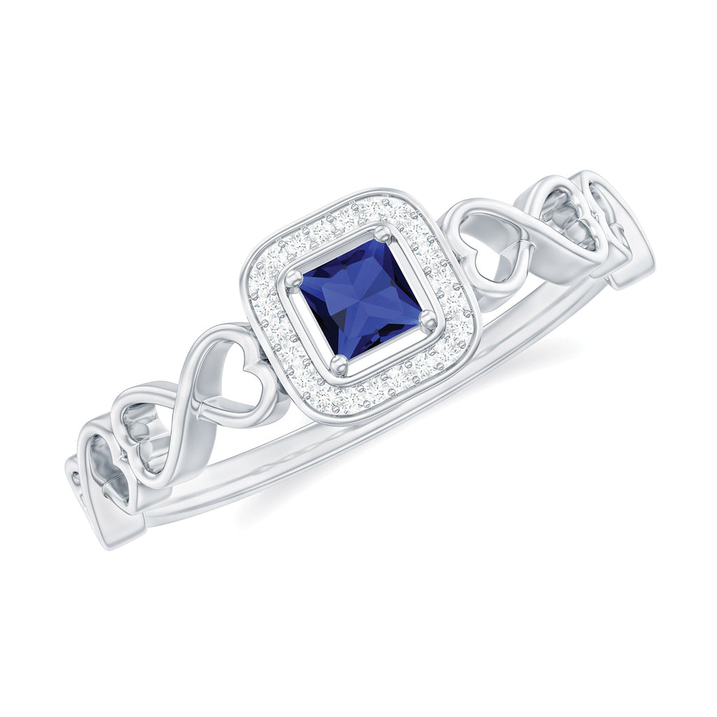 Certified Lab Blue Sapphire Diamond Promise Ring with Infinity Heart Shank