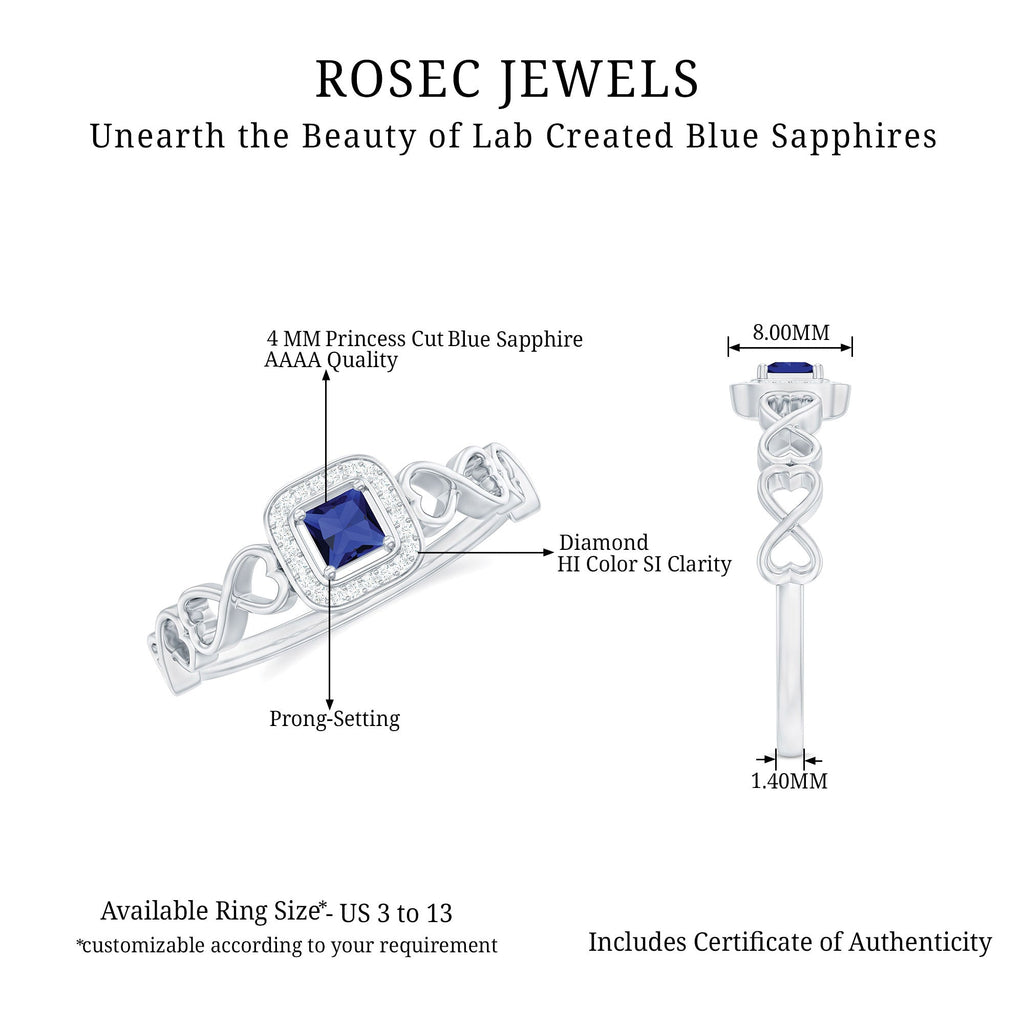 Certified Lab Blue Sapphire Diamond Promise Ring with Infinity Heart Shank