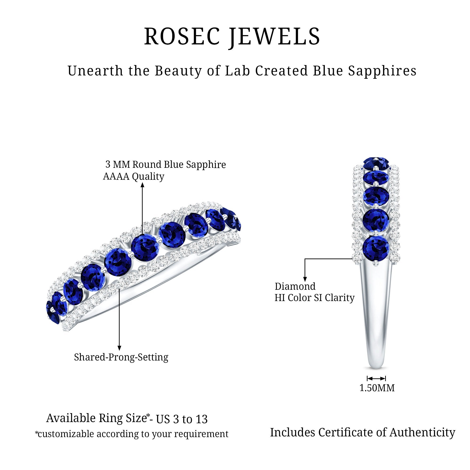 Certified Lab Grown Blue Sapphire Half Eternity Band Ring with Diamond