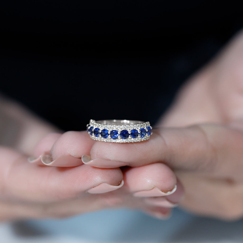 Certified Lab Grown Blue Sapphire Half Eternity Band Ring with Diamond