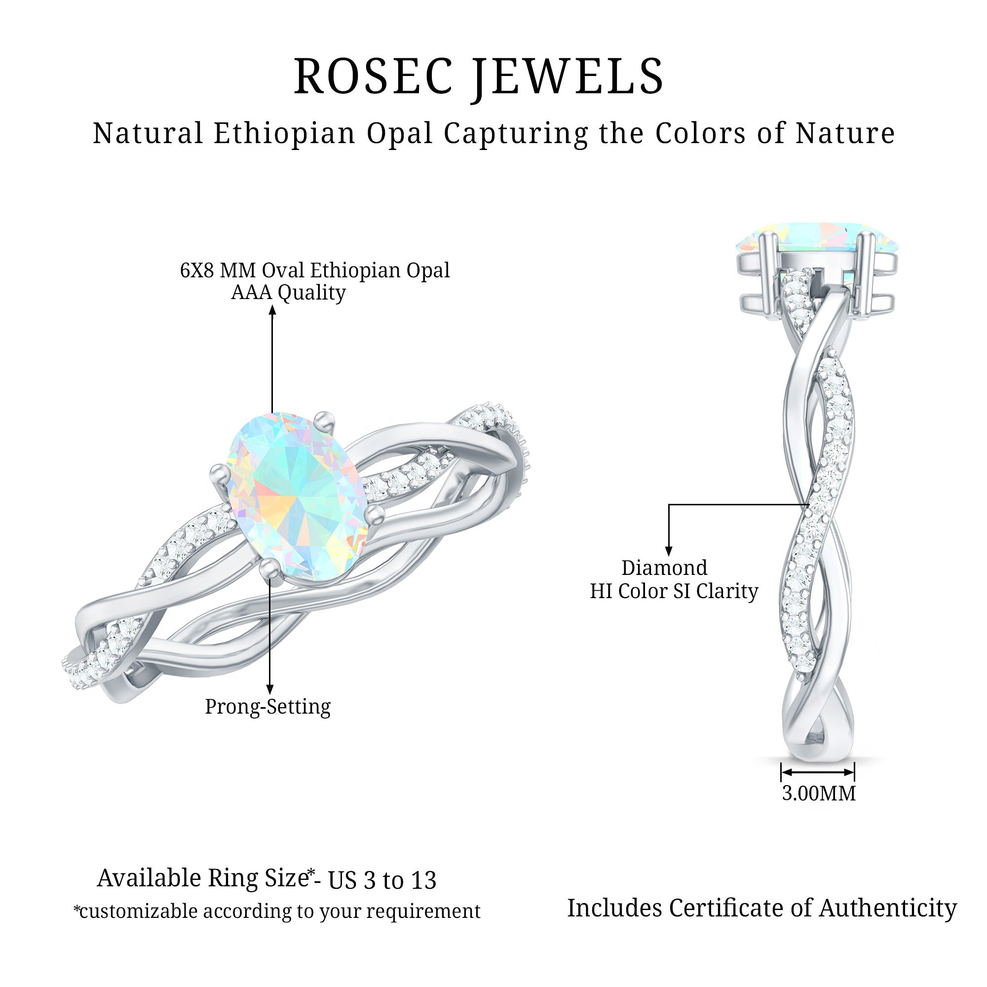 1.2 Carat Natural Opalescent Oval Engagement Ring with Diamond Braided Shank
