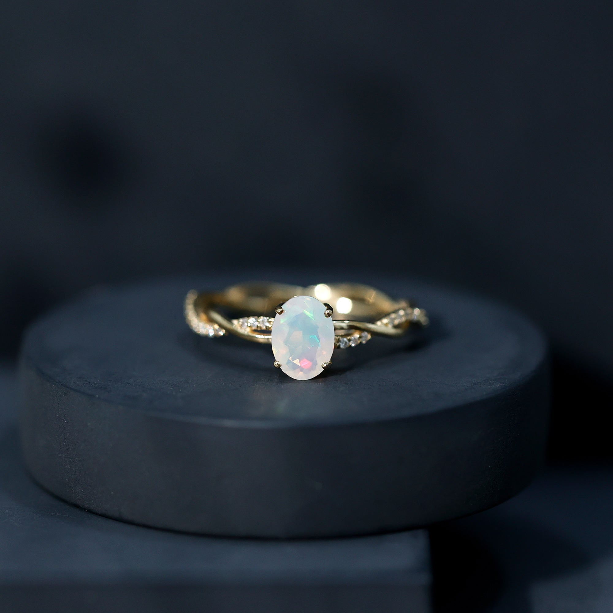 1.2 Carat Natural Opalescent Oval Engagement Ring with Diamond Braided Shank