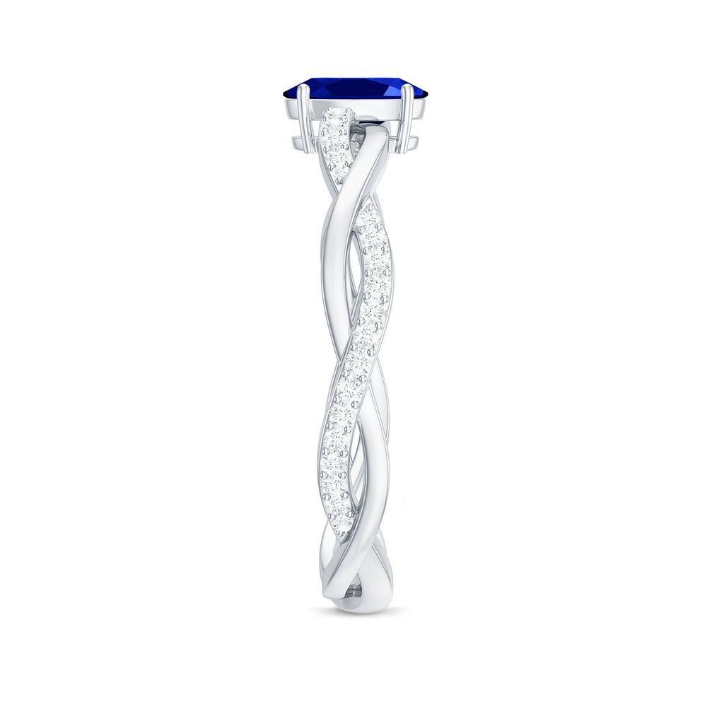 Certified 0.6 Carat Oval Lab Grown Blue Sapphire Engagement Ring with Diamond Braided Shank