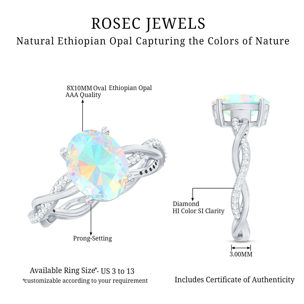 1.3 Carat Real Ethiopian Rainbow Opal Engagement Ring with Diamond Braided Shank
