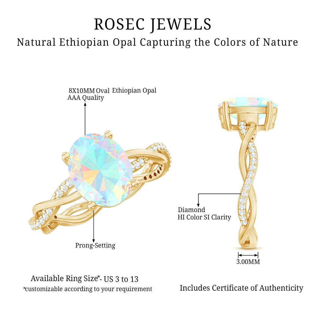 1.3 Carat Real Ethiopian Rainbow Opal Engagement Ring with Diamond Braided Shank