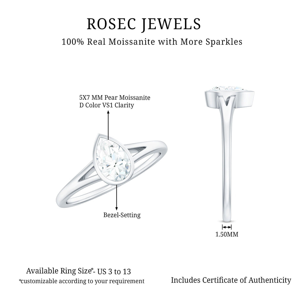 Bezel Set Pear Shaped Moissanite Promise Ring in Split Shank