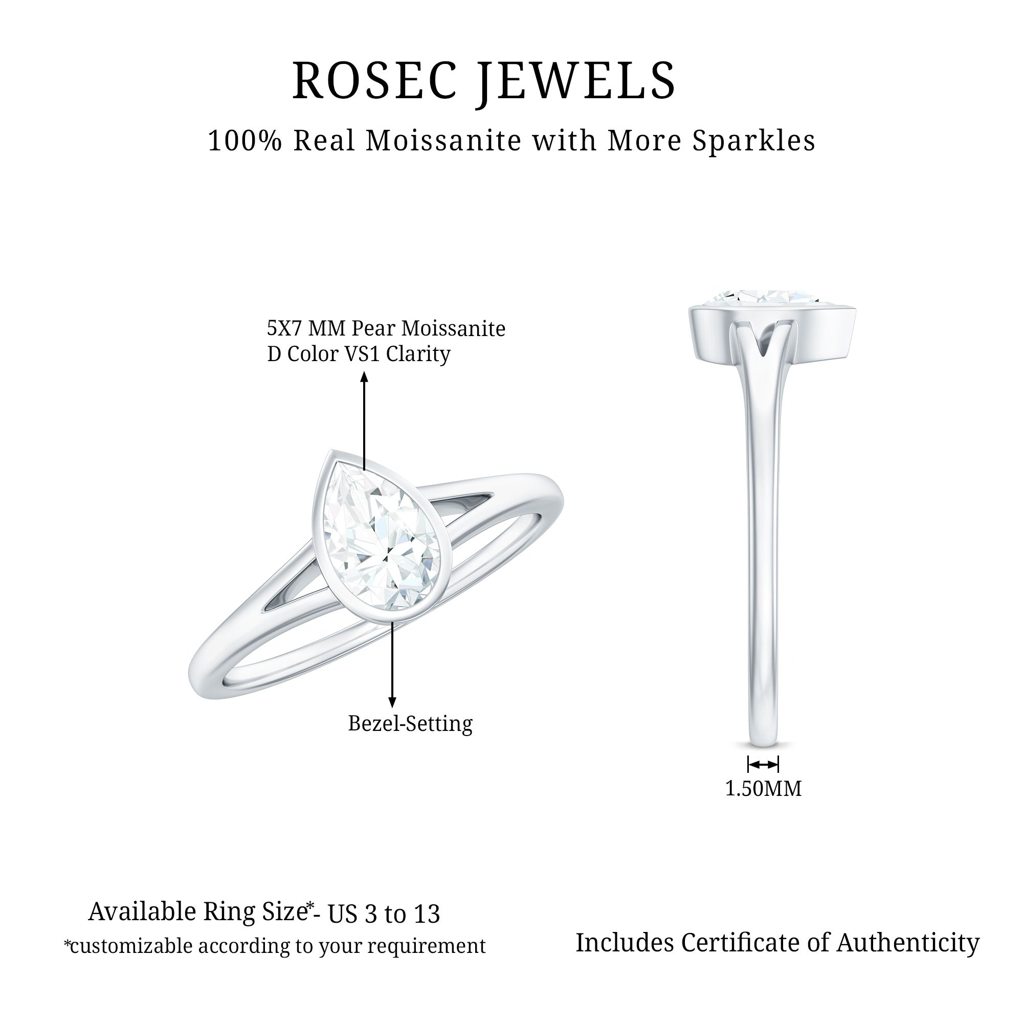Bezel Set Pear Shaped Moissanite Promise Ring in Split Shank