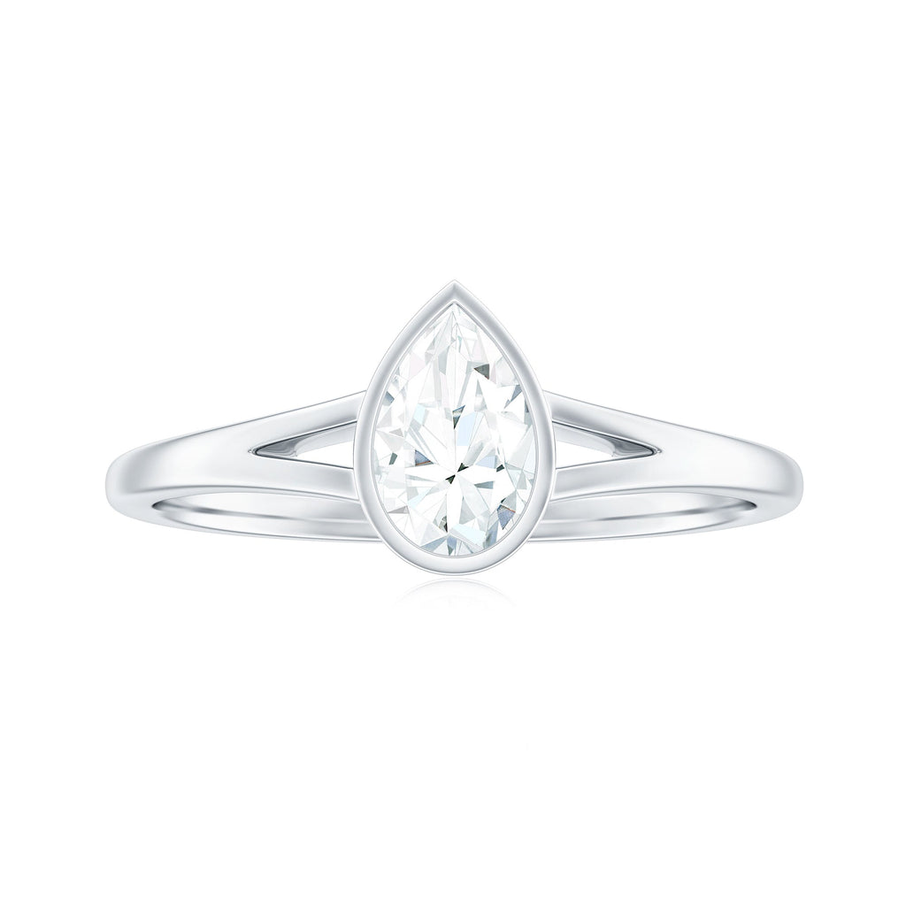 Bezel Set Pear Shaped Moissanite Promise Ring in Split Shank