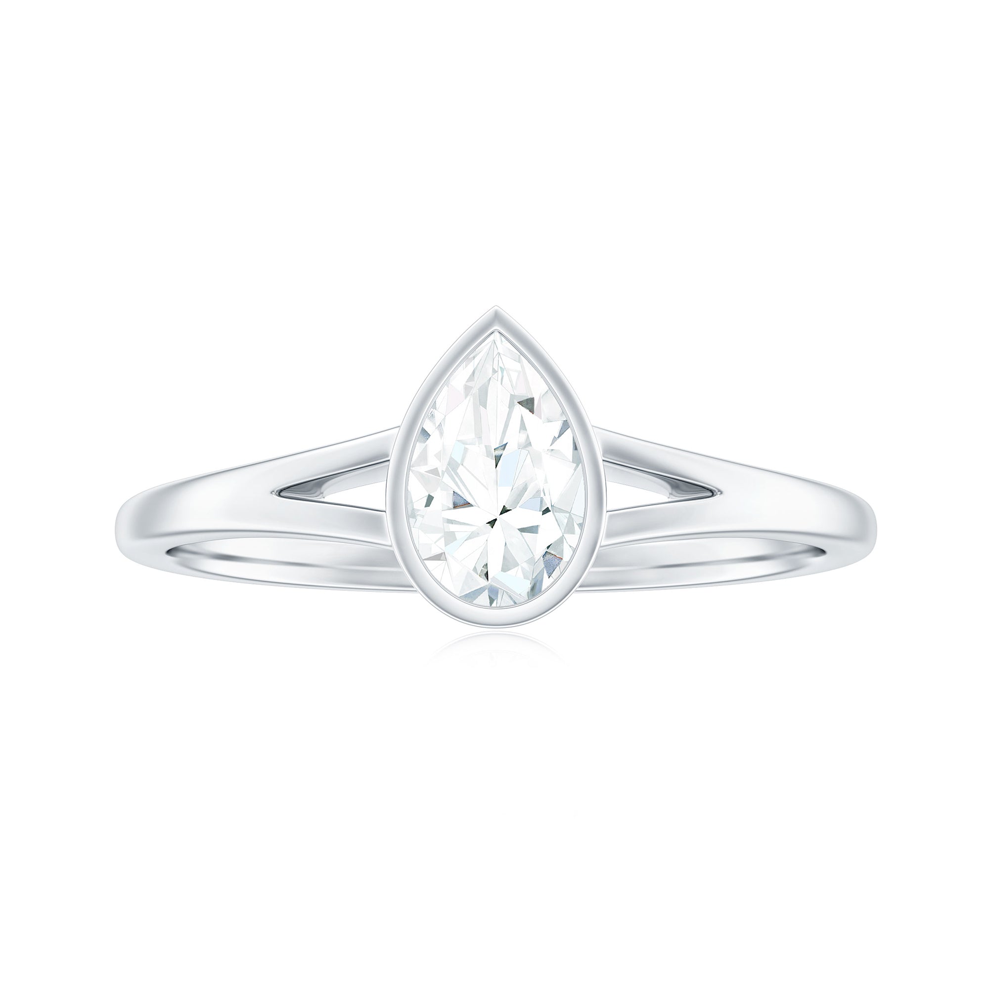 Bezel Set Pear Shaped Moissanite Promise Ring in Split Shank