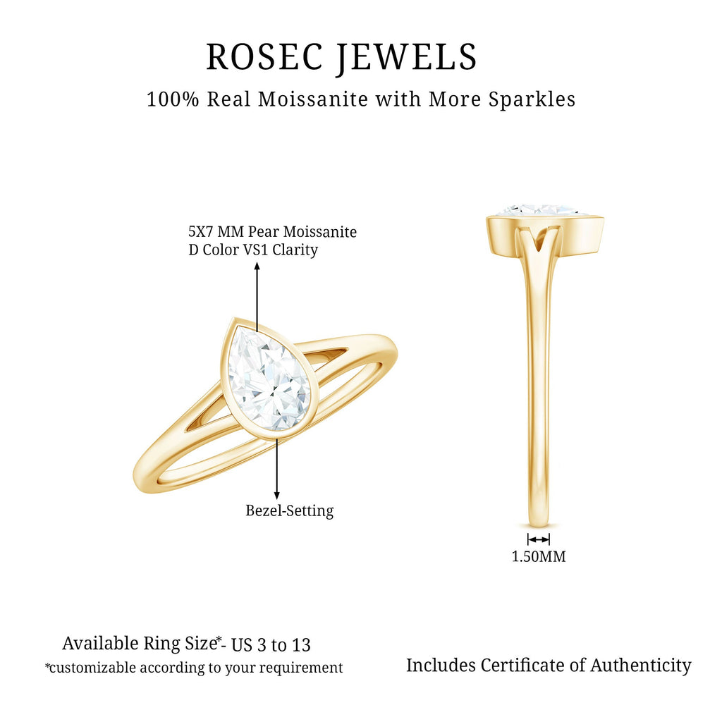 Bezel Set Pear Shaped Moissanite Promise Ring in Split Shank