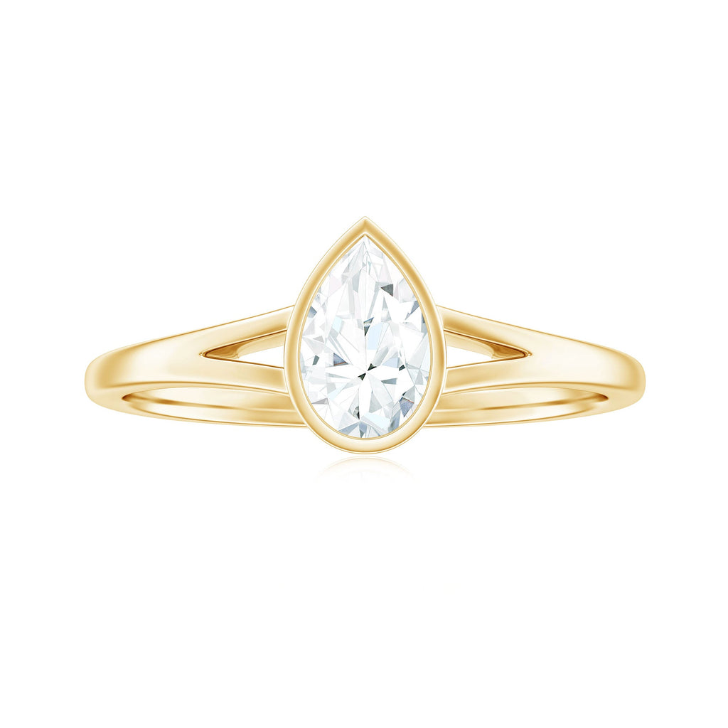 Bezel Set Pear Shaped Moissanite Promise Ring in Split Shank