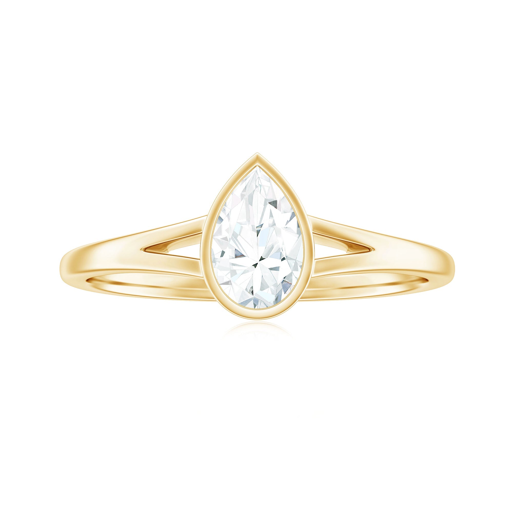 Bezel Set Pear Shaped Moissanite Promise Ring in Split Shank