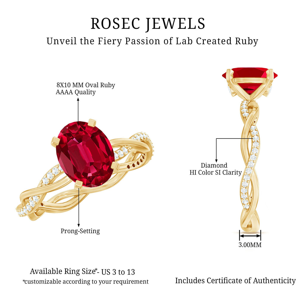 Oval Shaped Lab Ruby and Diamond Braided Engagement Ring
