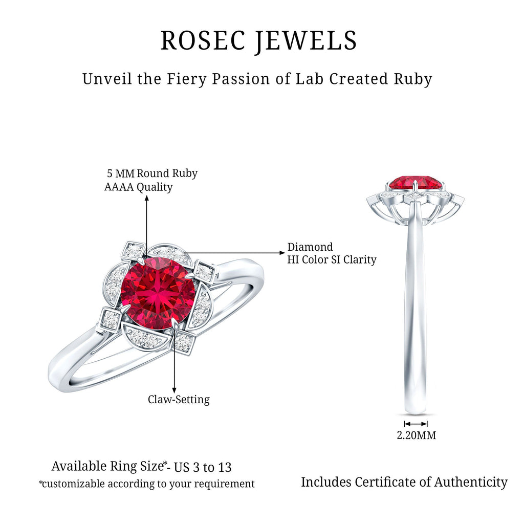Certified Lab Created Ruby and Diamond Vintage Looking Engagement Ring