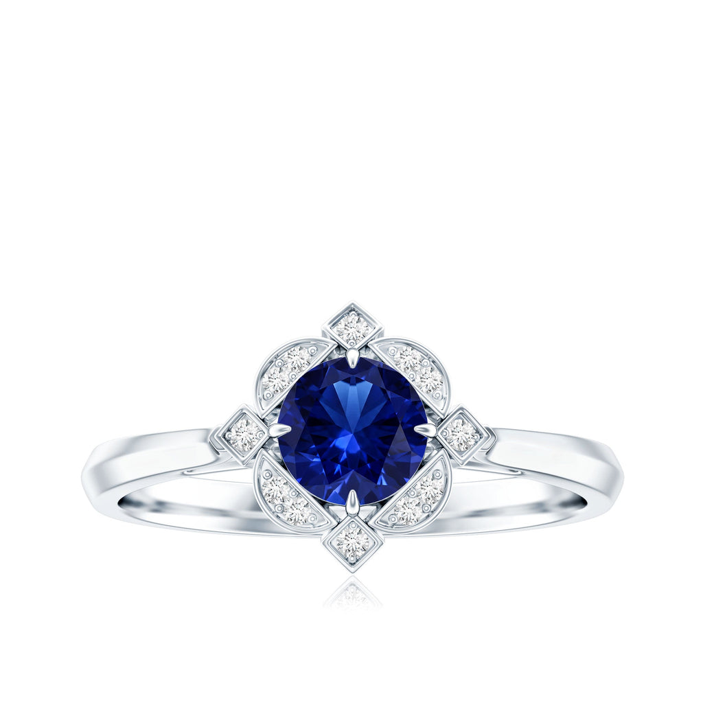 Vintage Style 0.6 Carat Lab Grown Blue Sapphire Engagement Ring with Diamond