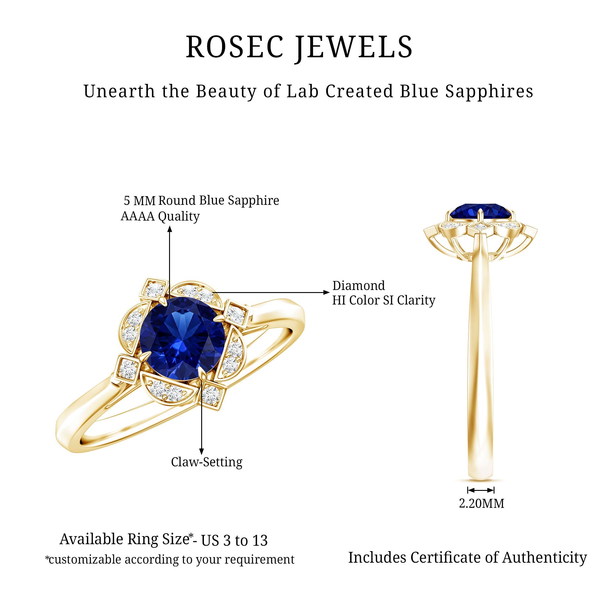Vintage Style 0.6 Carat Lab Grown Blue Sapphire Engagement Ring with Diamond