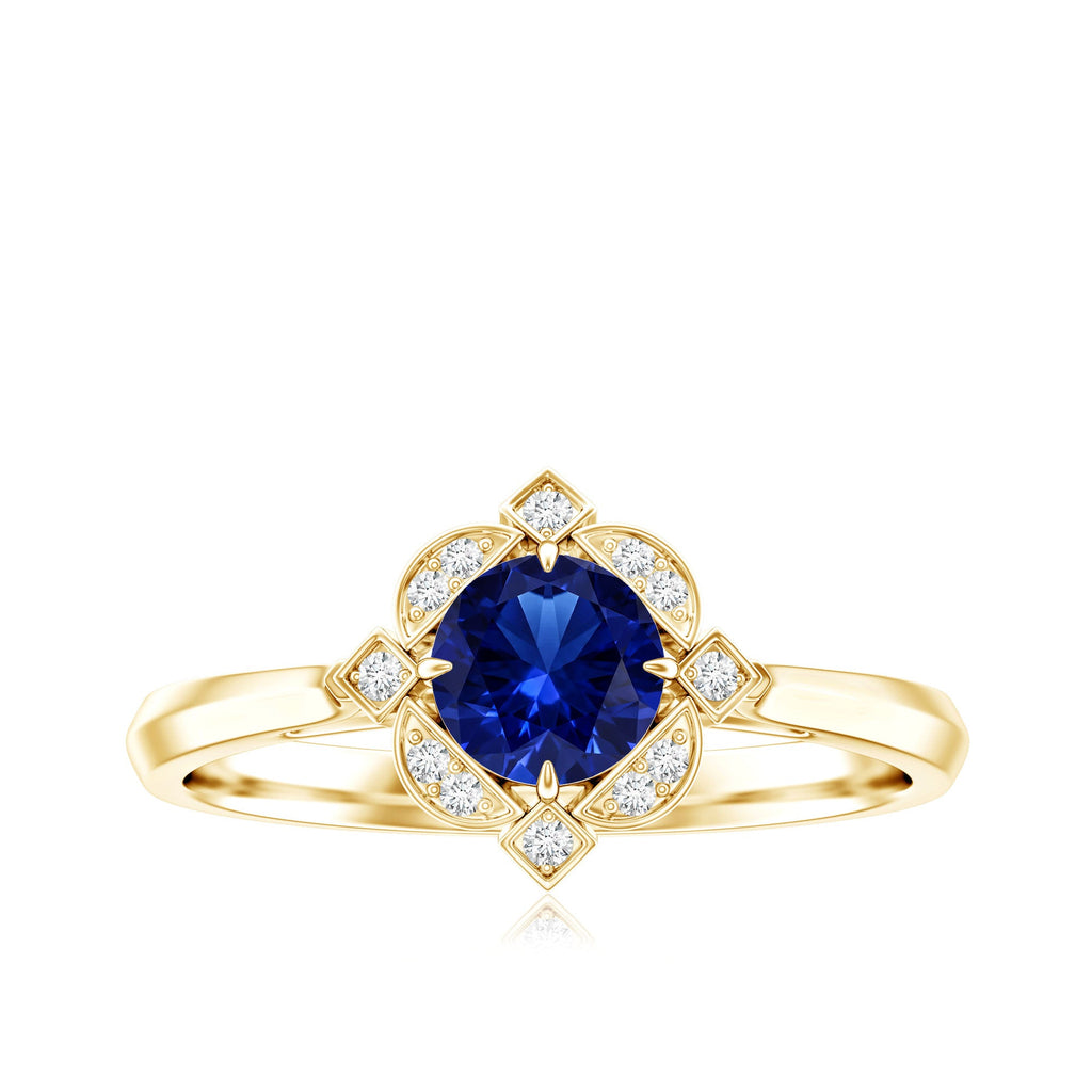 Vintage Style 0.6 Carat Lab Grown Blue Sapphire Engagement Ring with Diamond