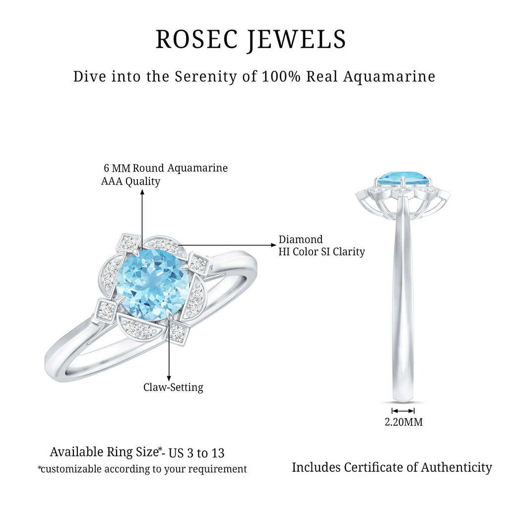 Vintage Inspired Aquamarine and Diamond Engagement Ring with Certificate