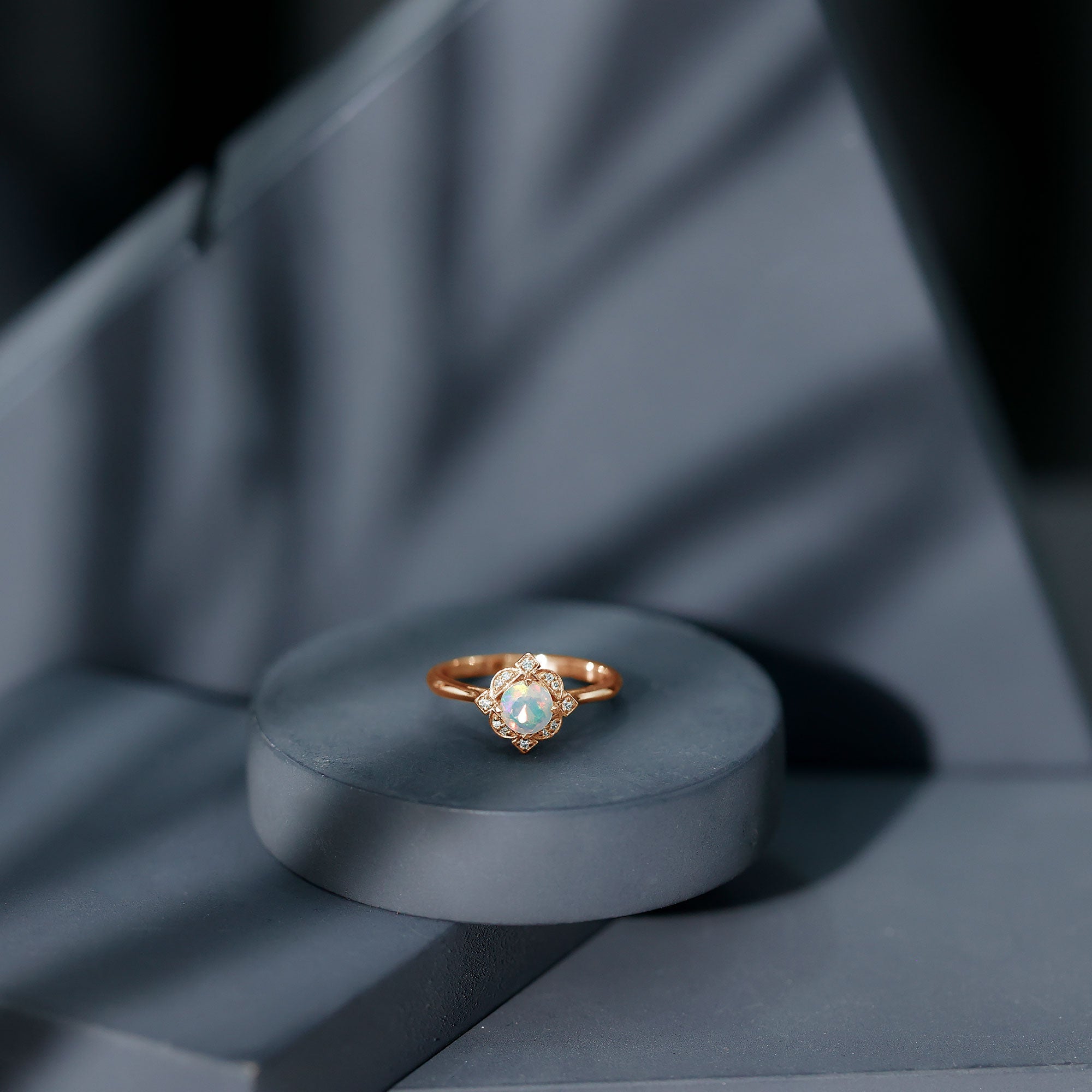 Real Ethiopian Opal Vintage Looking Engagement Ring with Diamond