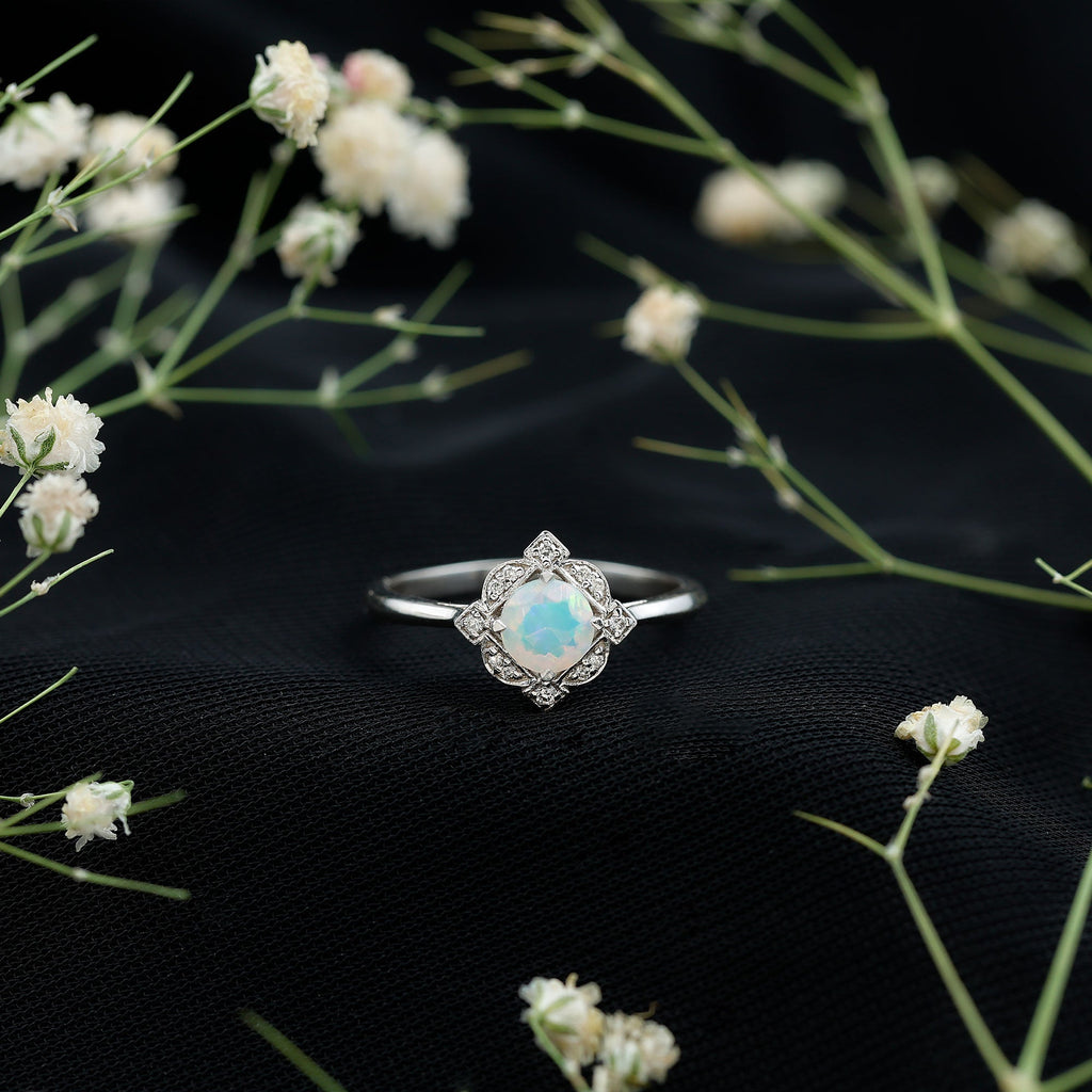 Real Ethiopian Opal Vintage Looking Engagement Ring with Diamond