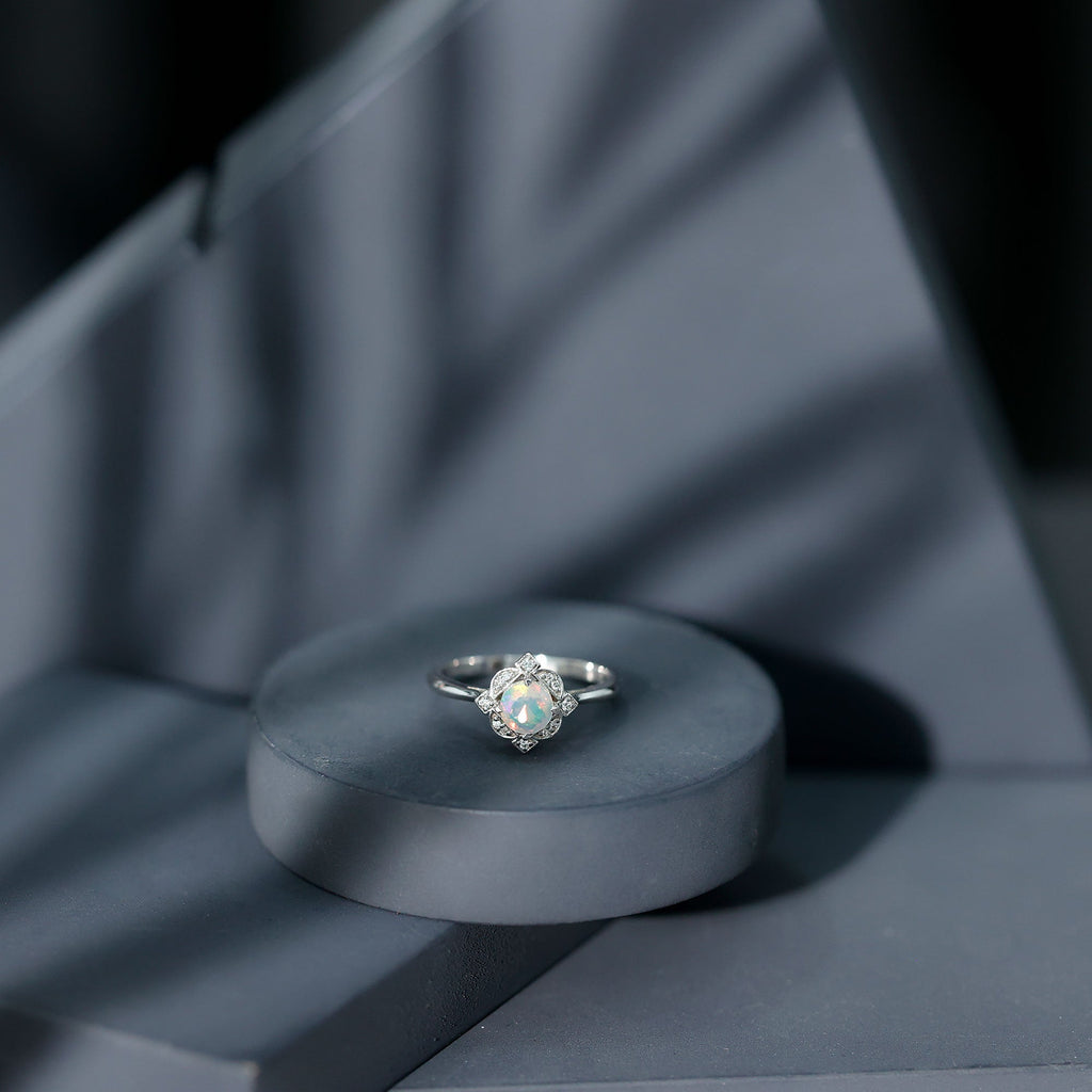 Real Ethiopian Opal Vintage Looking Engagement Ring with Diamond