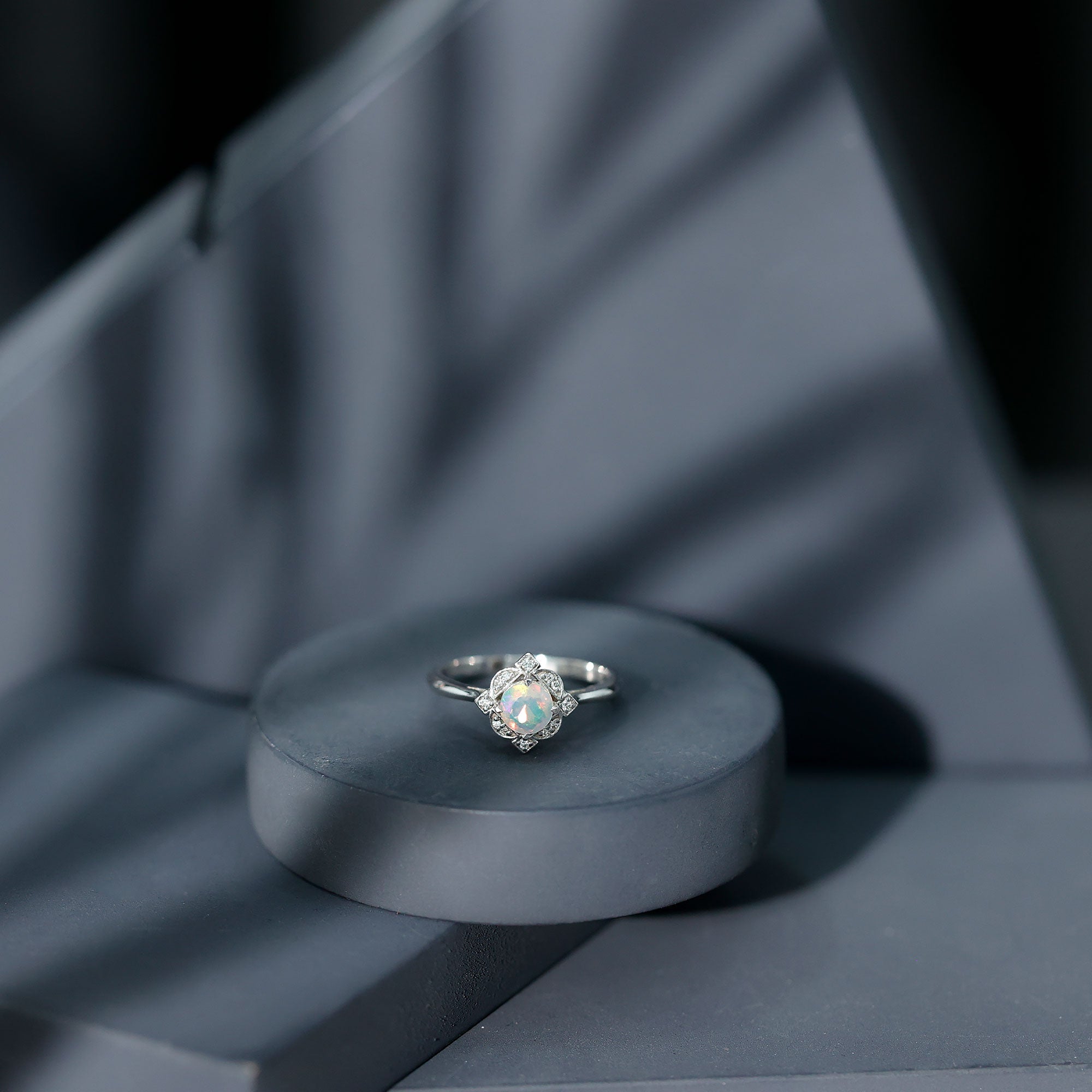 Real Ethiopian Opal Vintage Looking Engagement Ring with Diamond