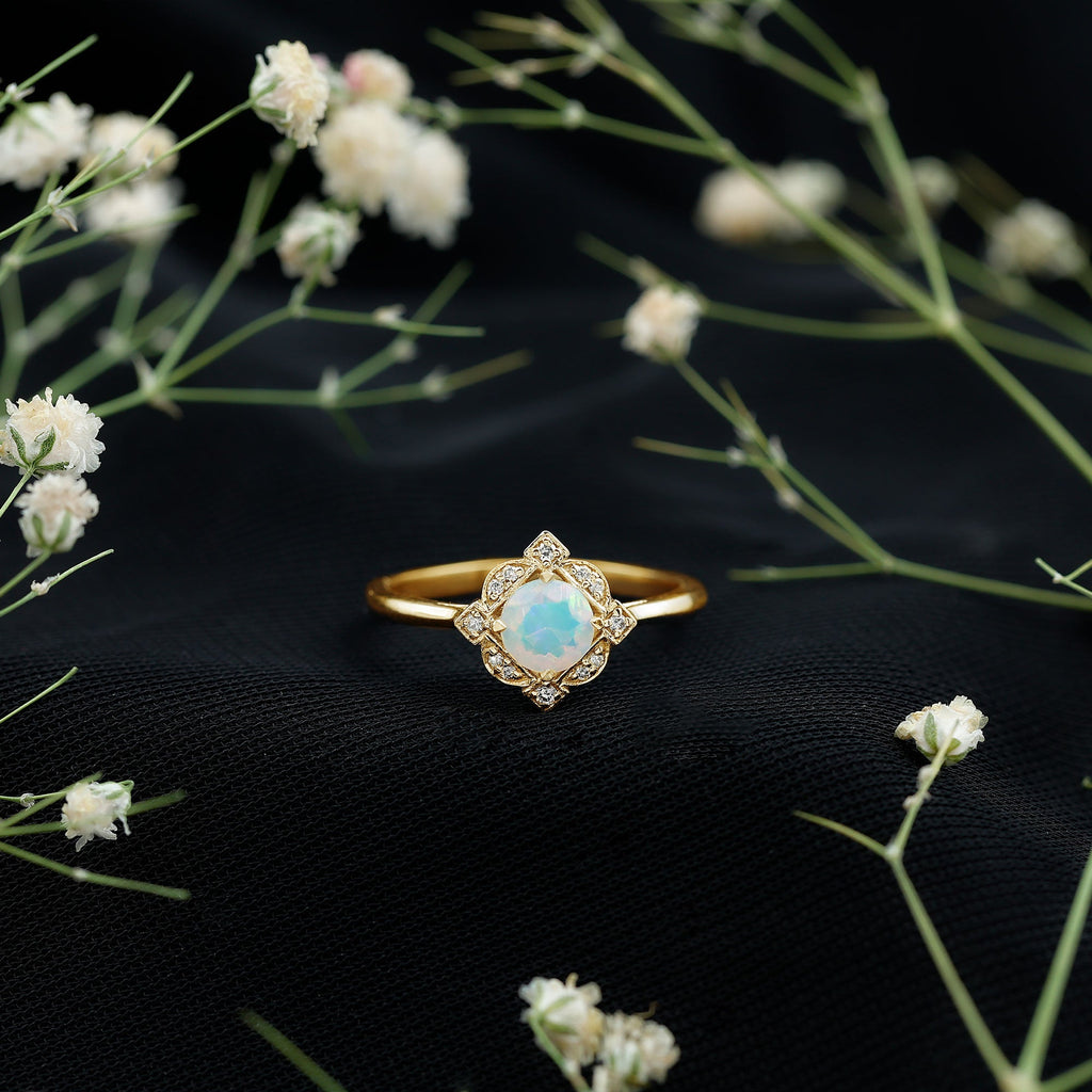Real Ethiopian Opal Vintage Looking Engagement Ring with Diamond