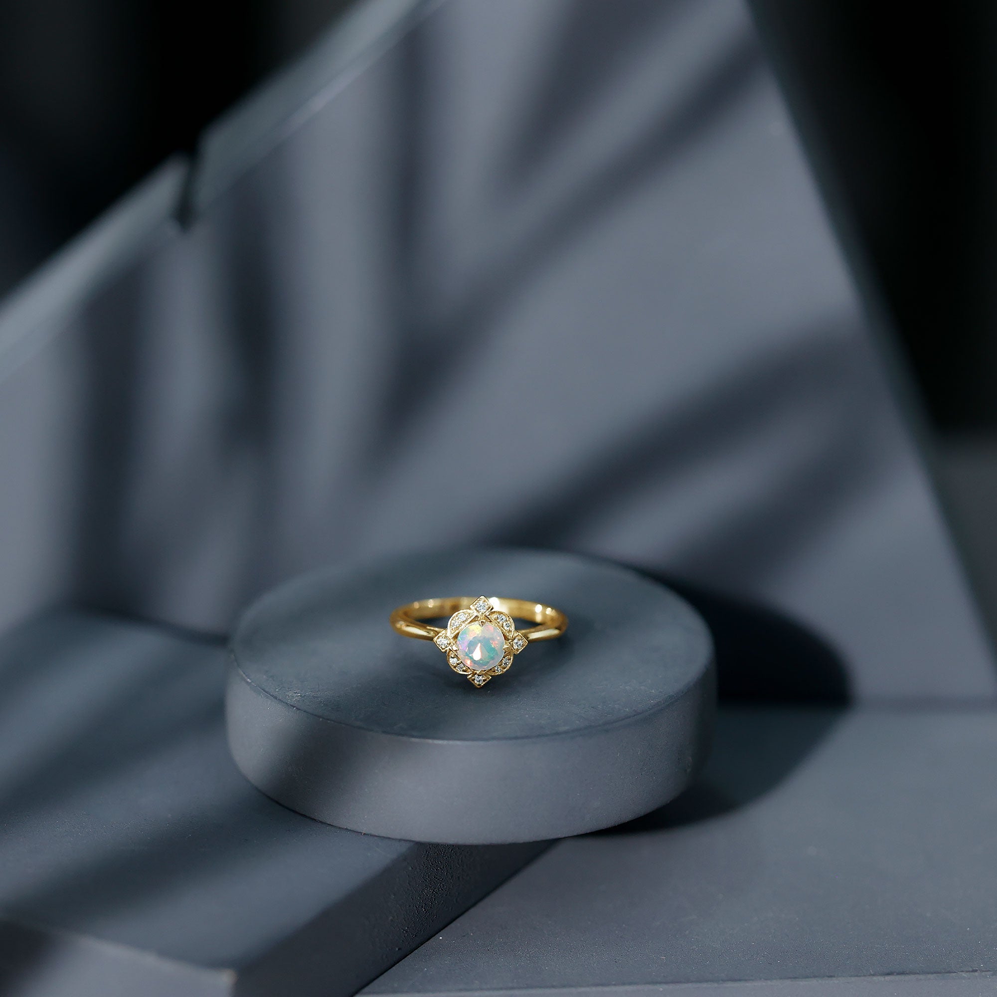 Real Ethiopian Opal Vintage Looking Engagement Ring with Diamond