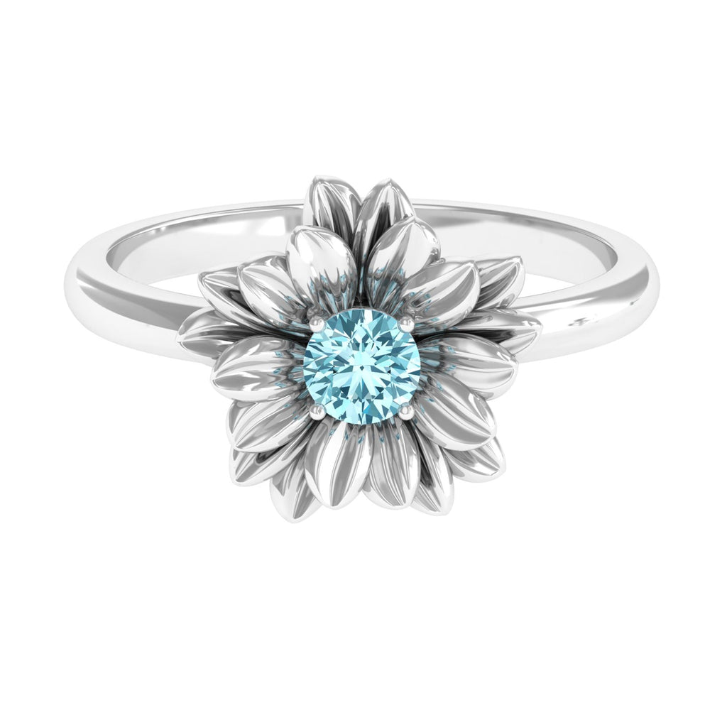 Round Cut Real Aquamarine Flower Engagement Ring