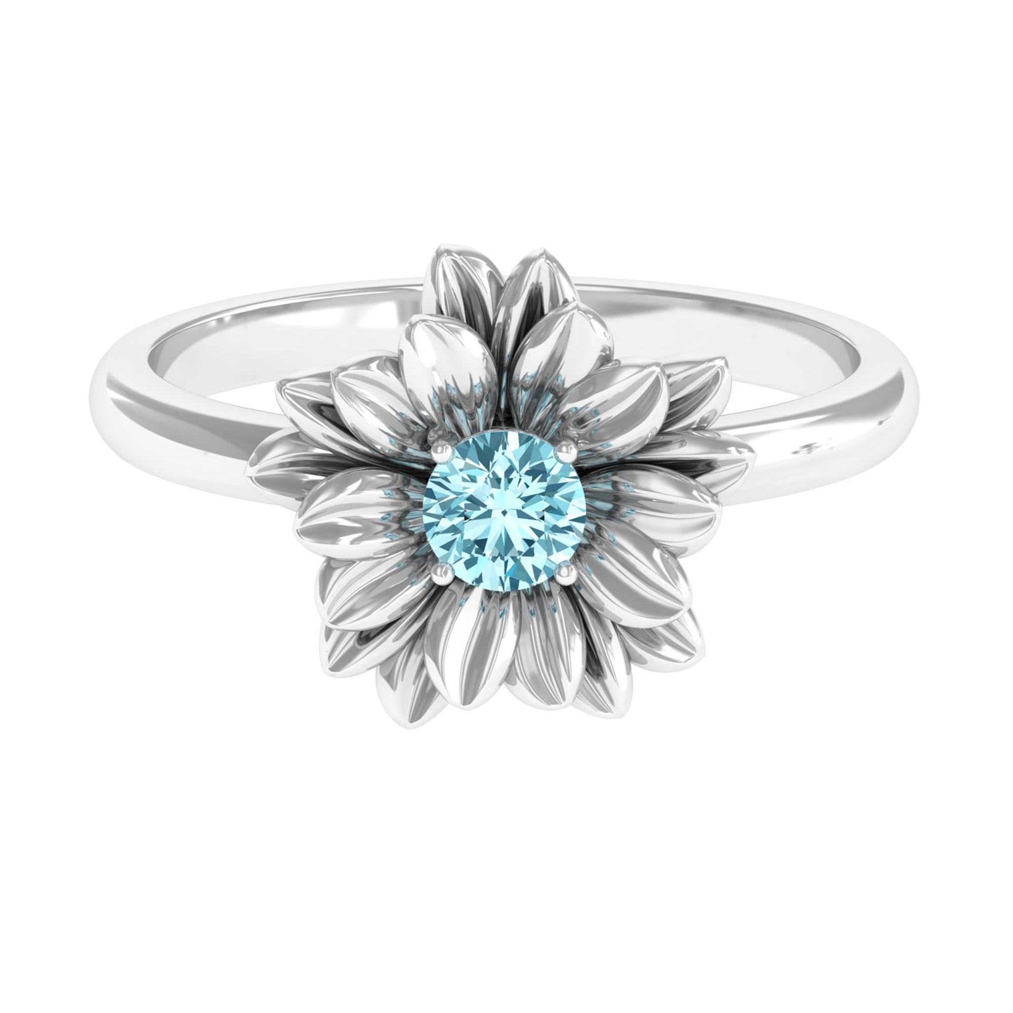 Round Cut Real Aquamarine Flower Engagement Ring