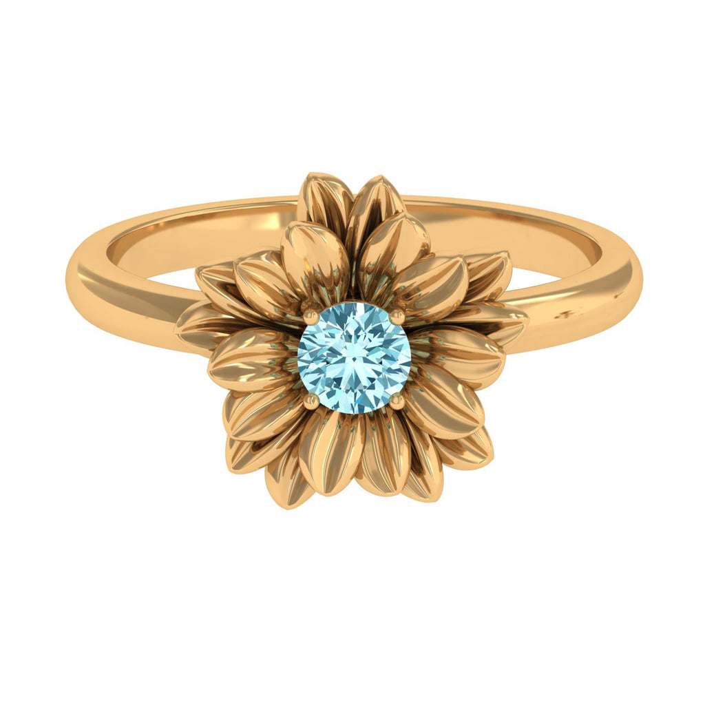 Round Cut Real Aquamarine Flower Engagement Ring