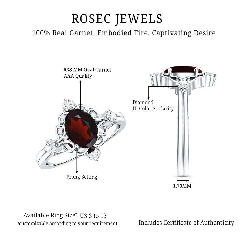 Vintage looking 1.5 Carat Oval Garnet Engagement Ring with Diamond