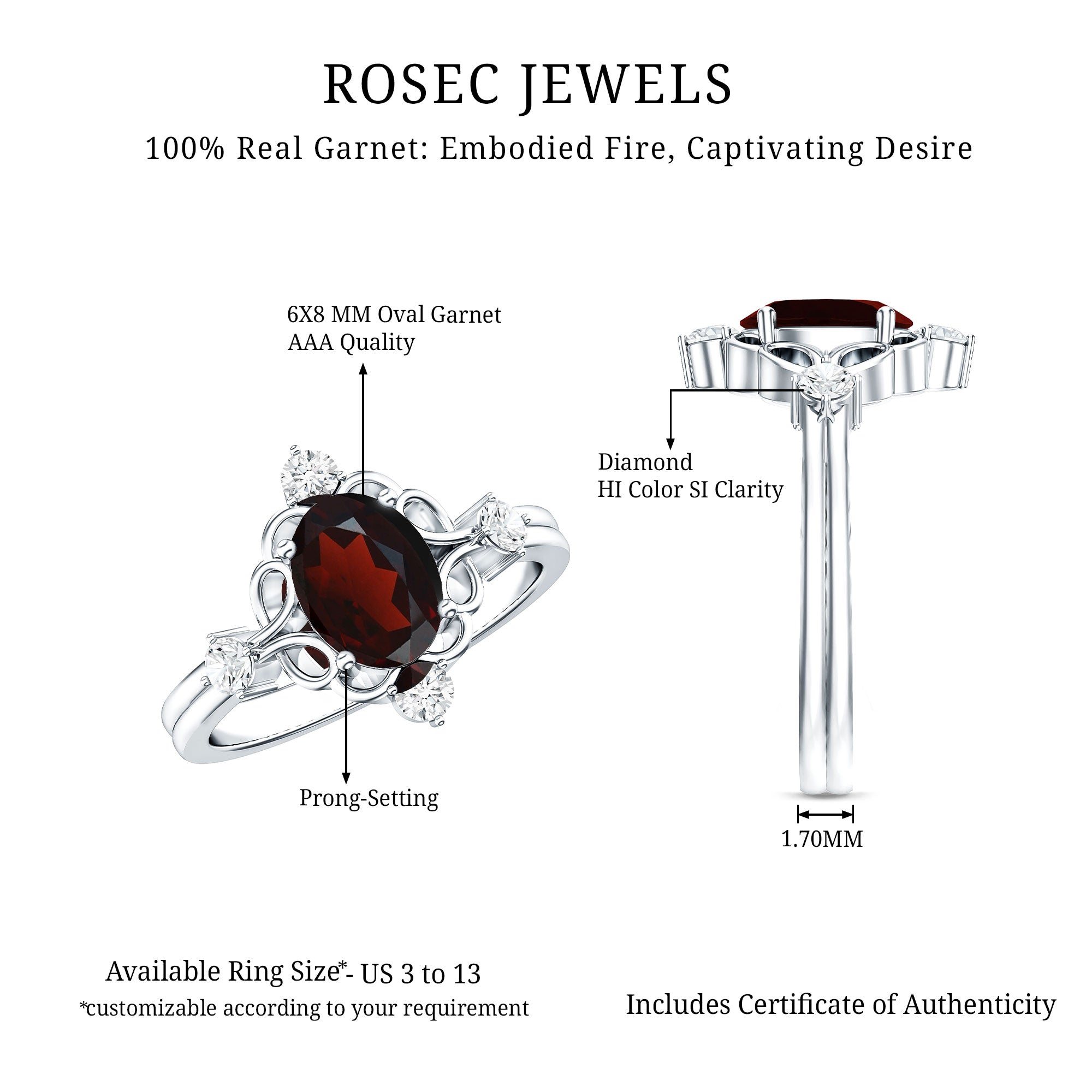 Vintage looking 1.5 Carat Oval Garnet Engagement Ring with Diamond