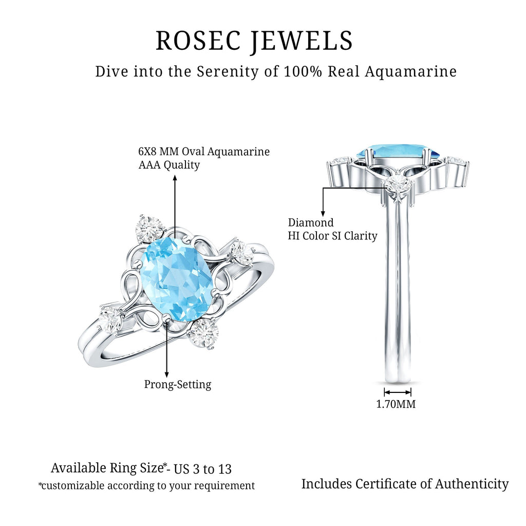 Art Deco Style 1 Carat Oval Shape Aquamarine and Diamond Cocktail Ring