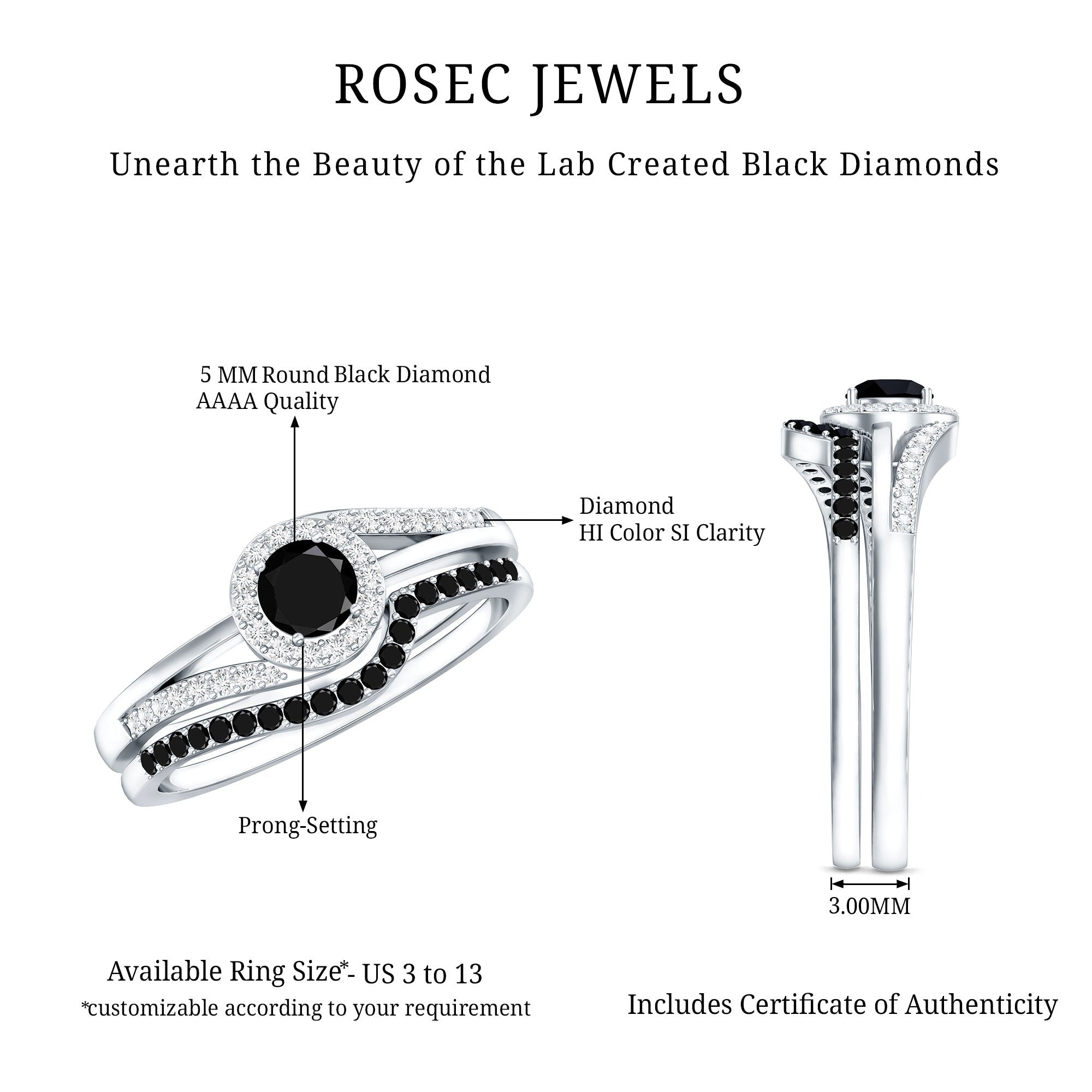 Certified Lab Grown Black and White Diamond Engagement Ring Set for Women
