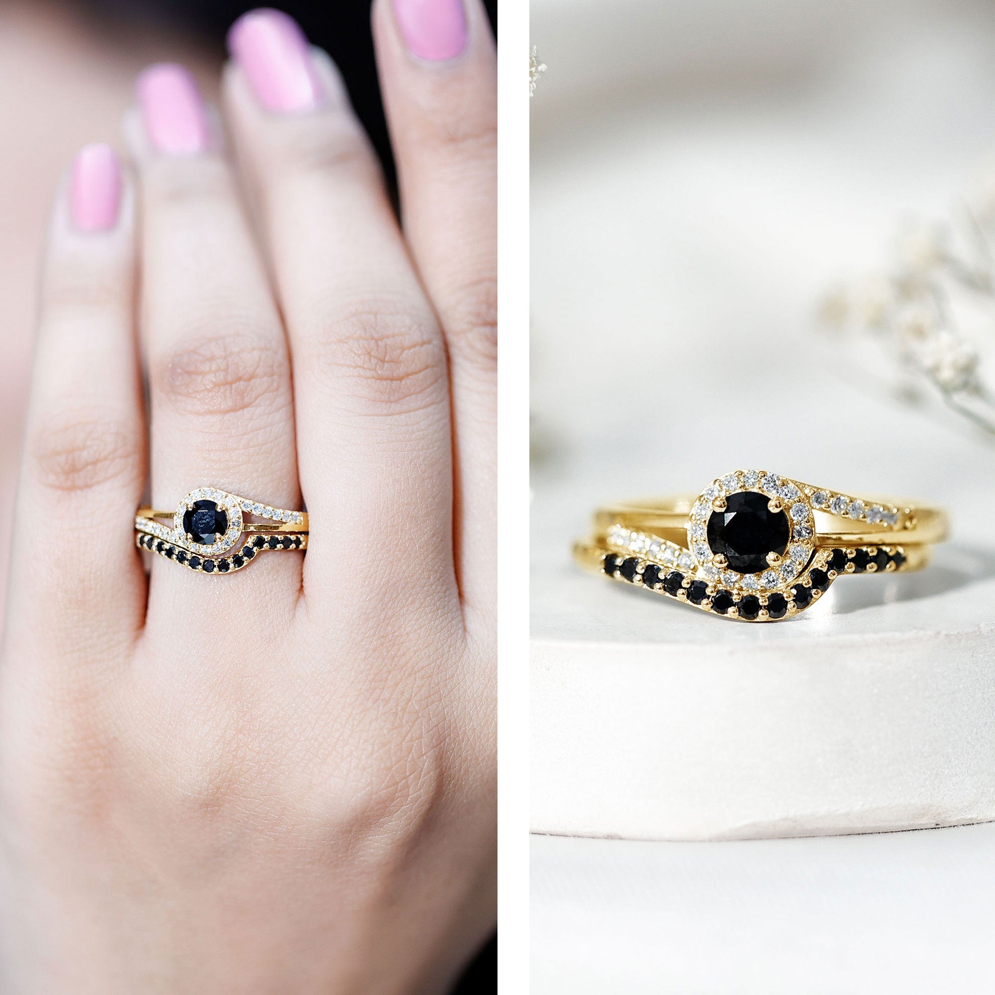 Certified Lab Grown Black and White Diamond Engagement Ring Set for Women