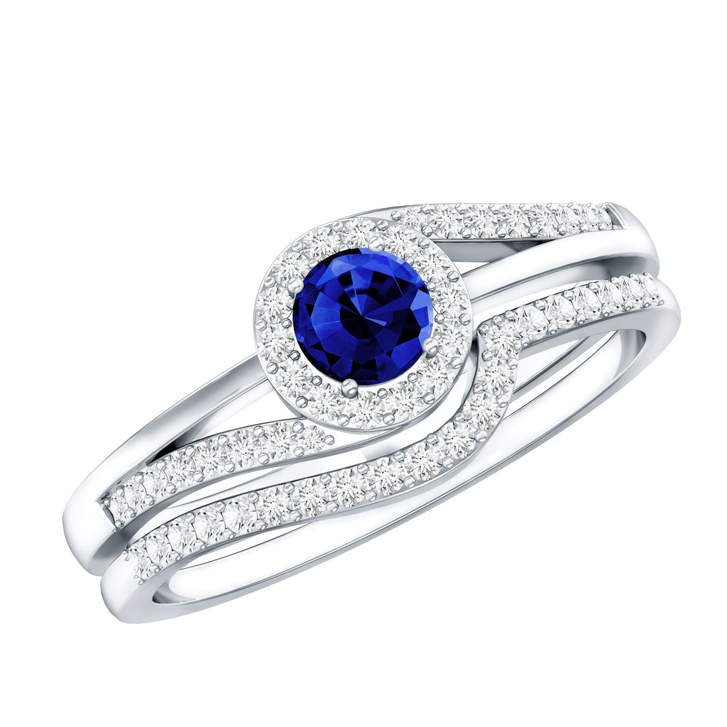 Certified Lab Grown Blue Sapphire Wedding Engagement Ring Set with Diamond