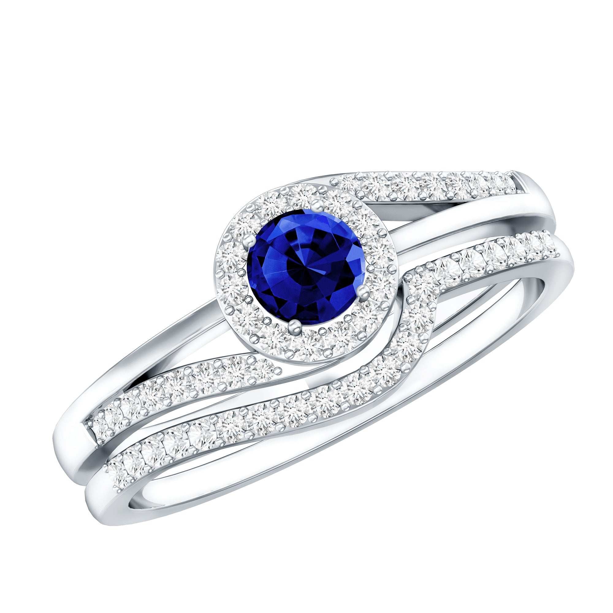 Certified Lab Grown Blue Sapphire Wedding Engagement Ring Set with Diamond