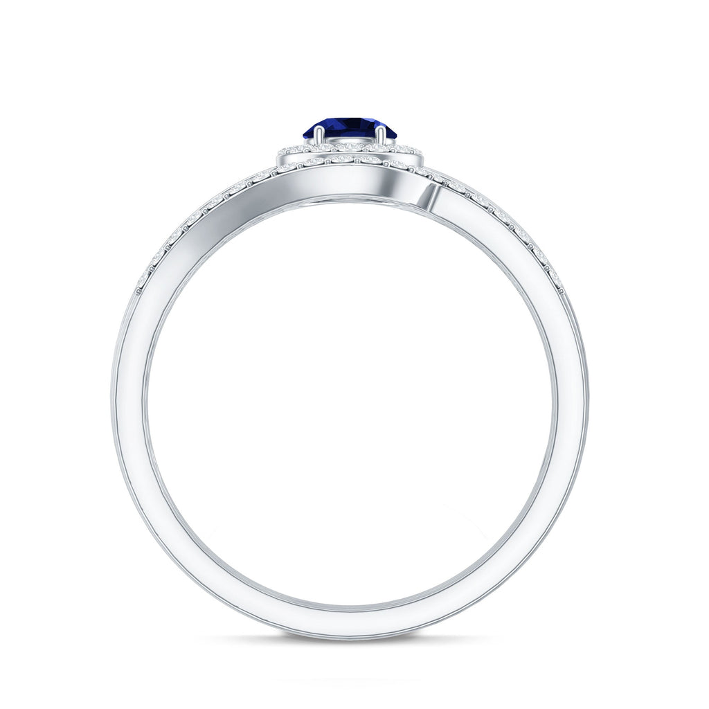Certified Lab Grown Blue Sapphire Wedding Engagement Ring Set with Diamond