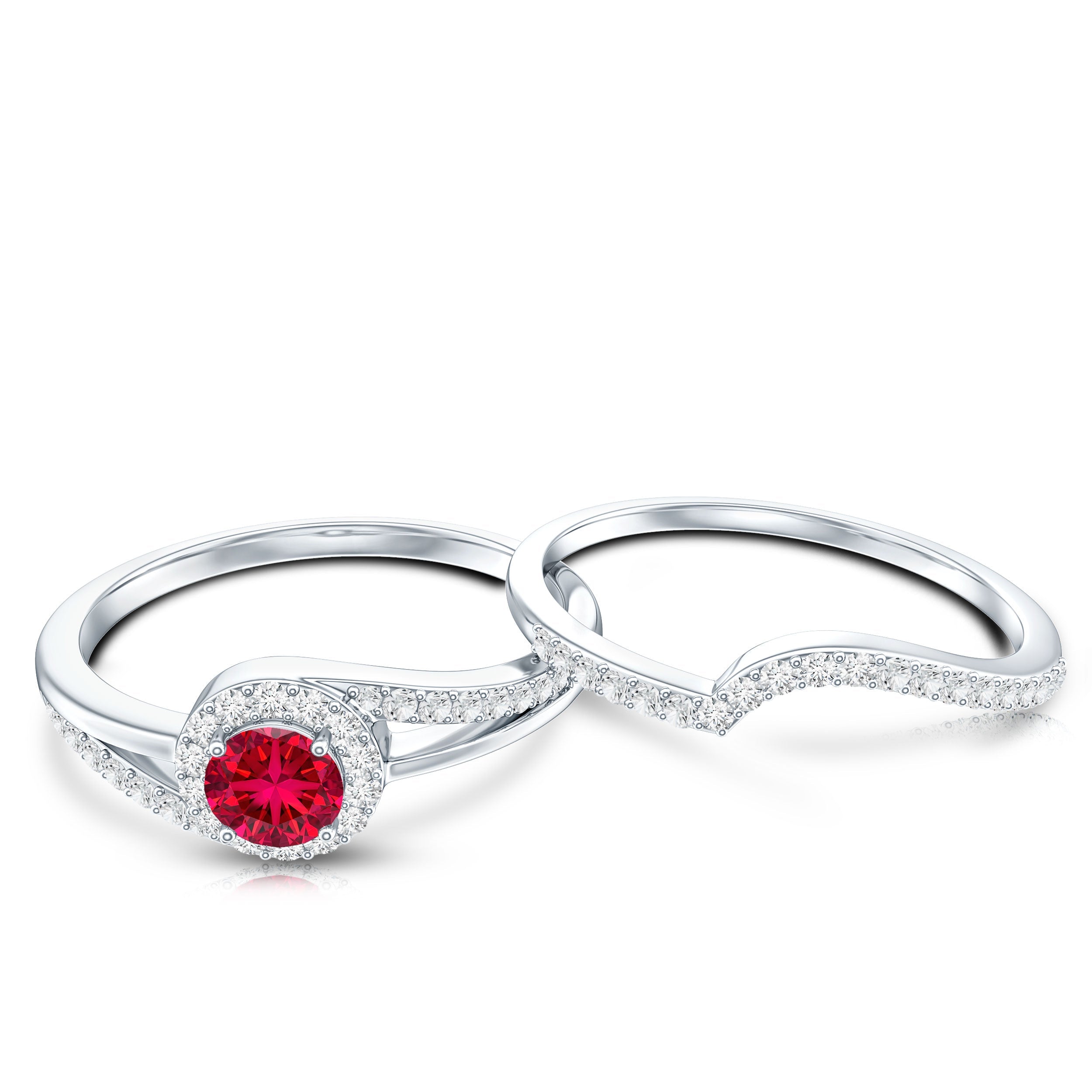 Certified Lab Ruby and Diamond Halo Wedding Ring Set
