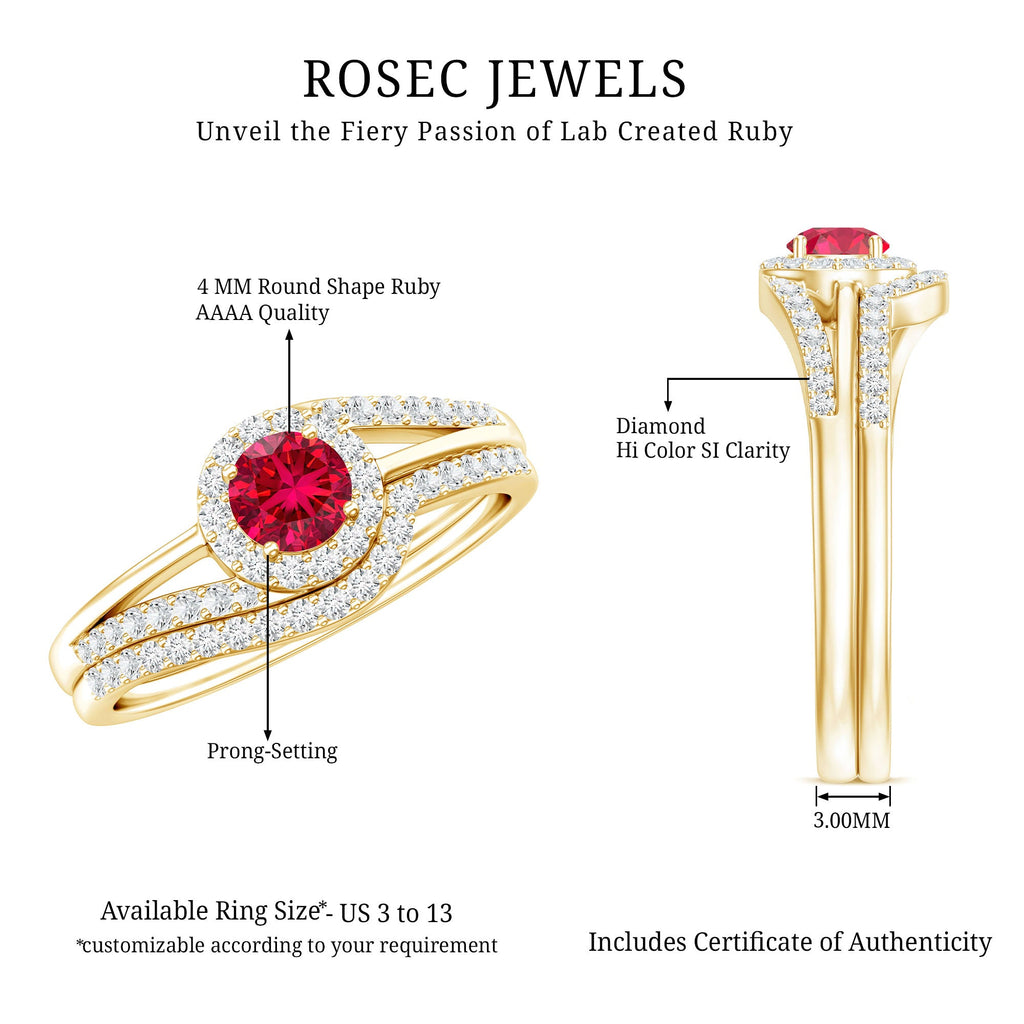 Certified Lab Ruby and Diamond Halo Wedding Ring Set