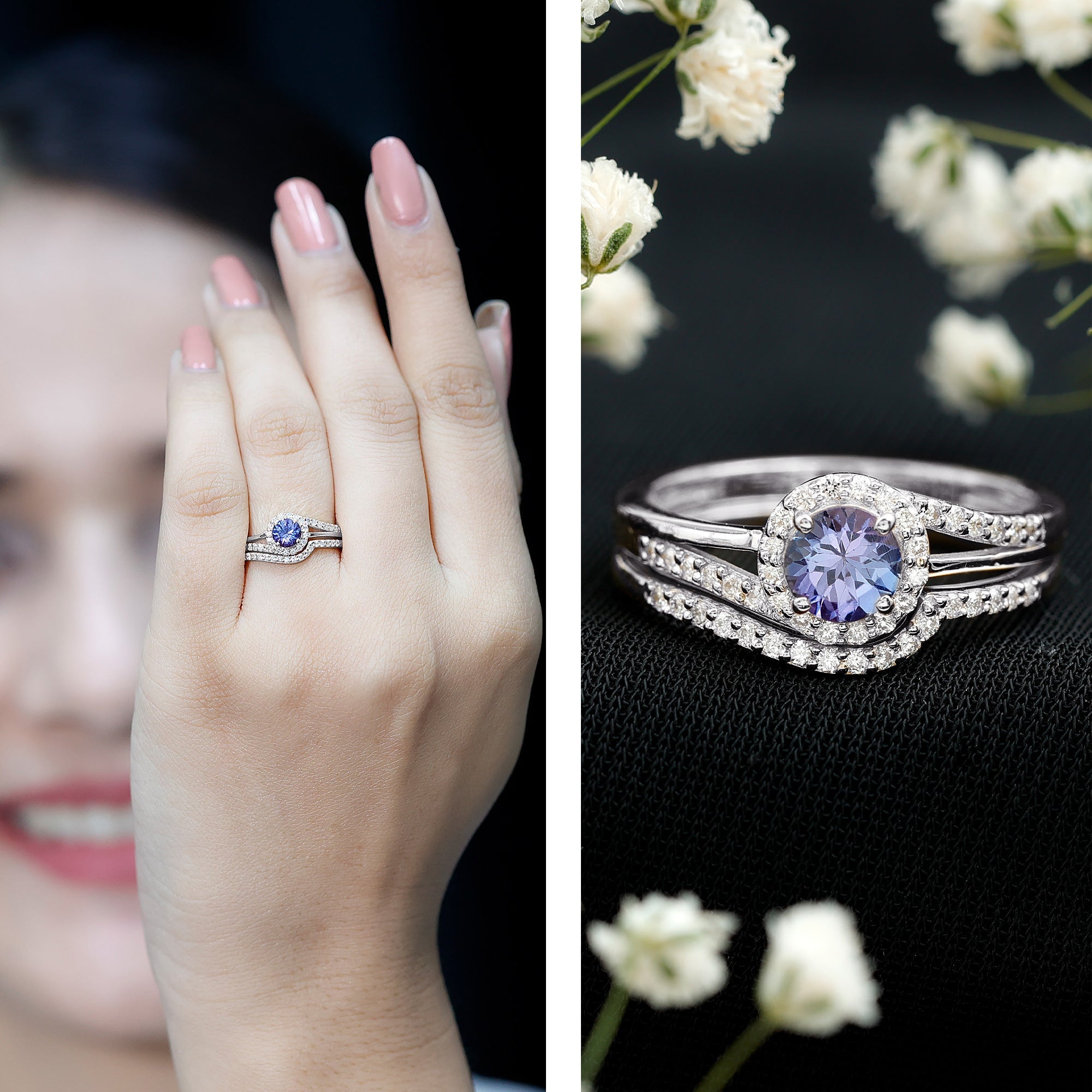 Genuine Tanzanite Engagement Ring with Diamond Enhancer