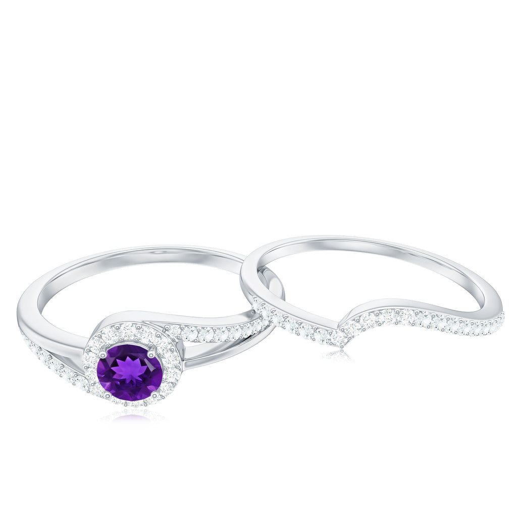 0.4 Carat Natural Amethyst Diamond Wedding Bridal Ring Set of 2